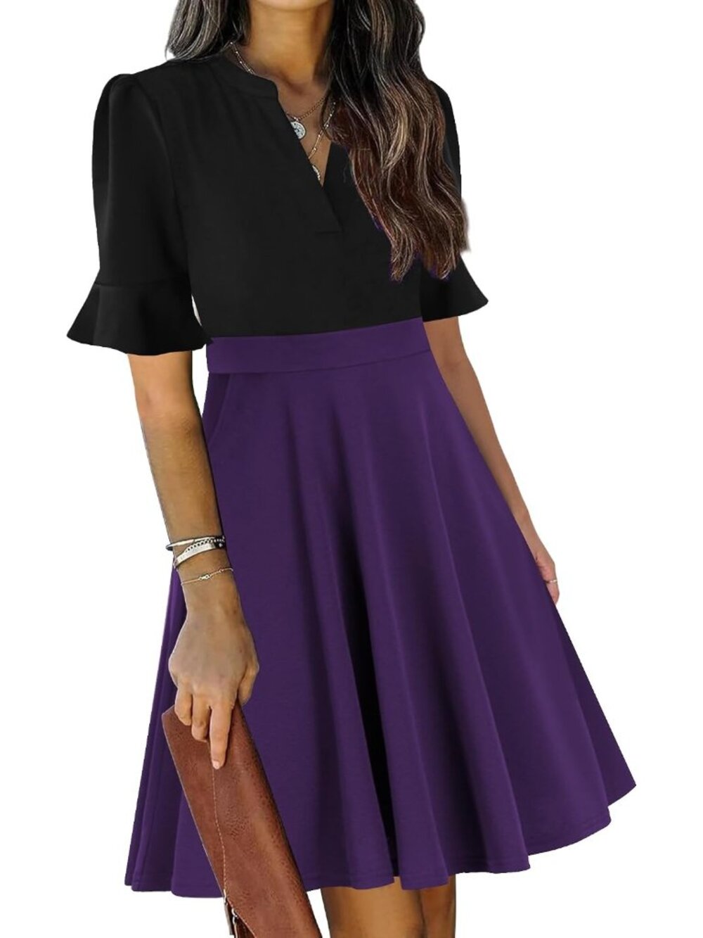 Women's Purple Black Fit And Flare Knee Length V Neck Short Sleeve Guest Dress